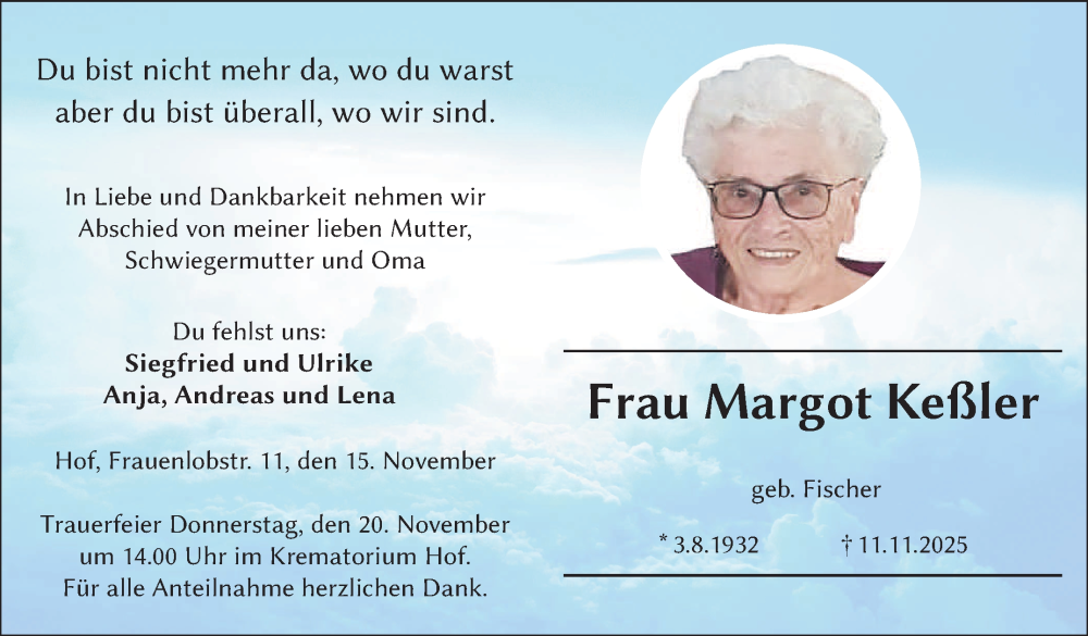  Traueranzeige für Margot Keßler vom 15.11.2025 aus Frankenpost