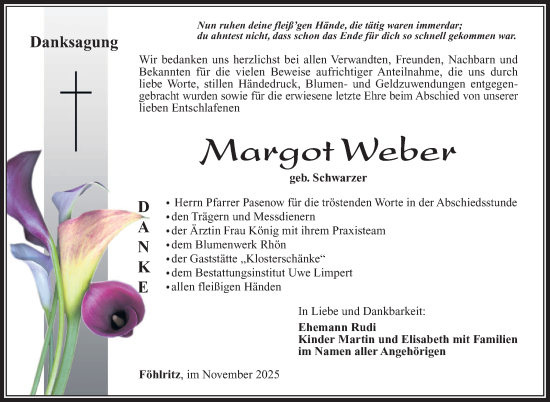 Traueranzeige von Margot Weber von Südthüringer Presse