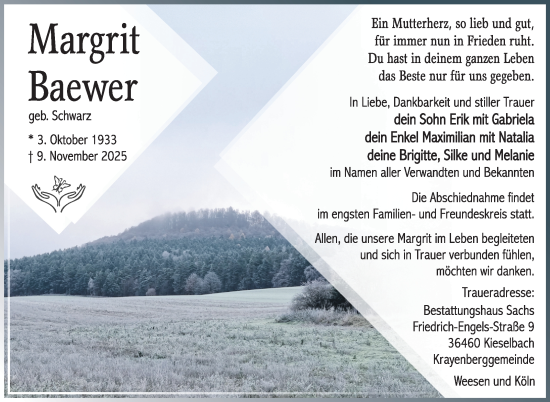 Traueranzeige von Margrit Baewer von Südthüringer Presse