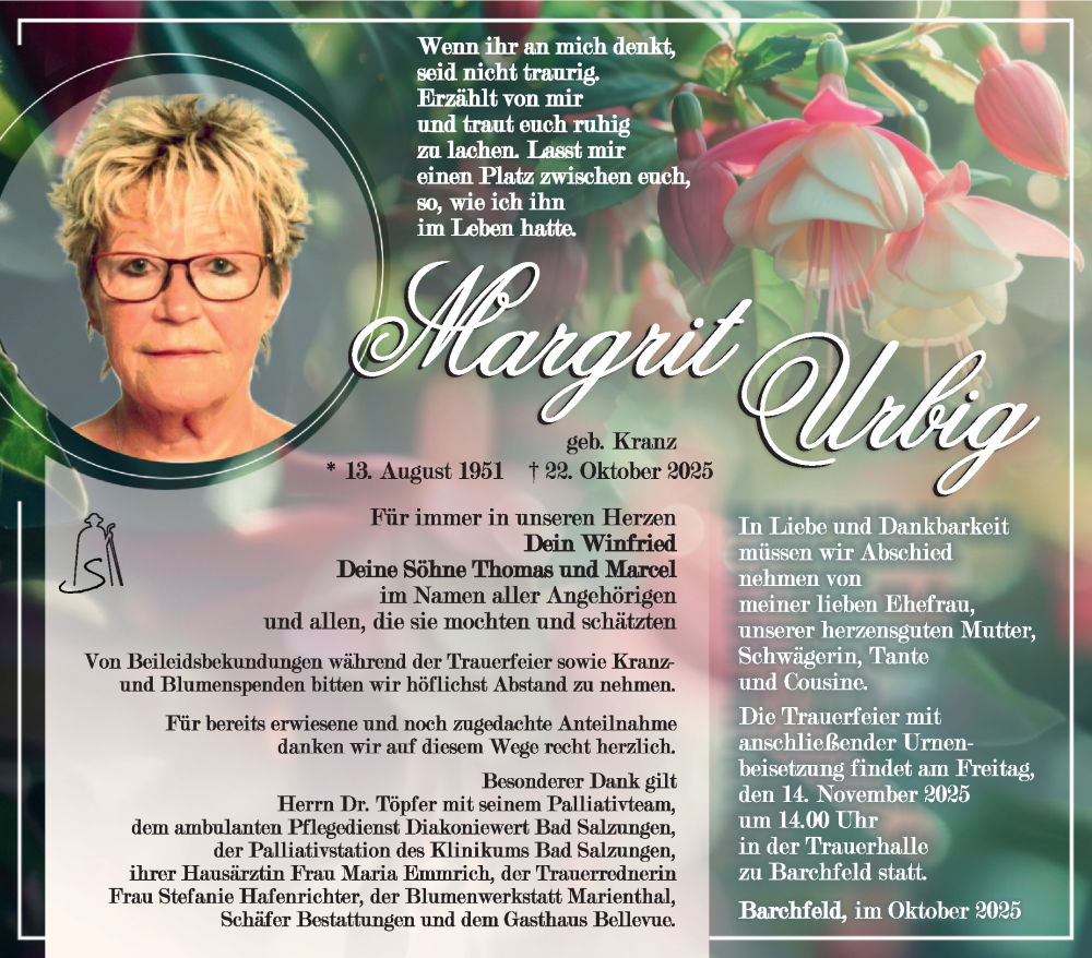  Traueranzeige für Margrit Urbig vom 07.11.2025 aus Südthüringer Presse