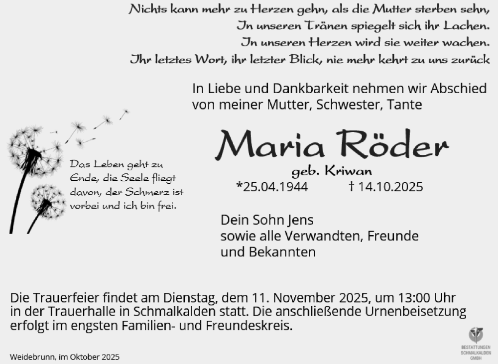  Traueranzeige für Maria Röder vom 05.11.2025 aus Südthüringer Presse