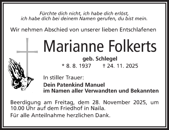 Traueranzeige von Marianne Folkerts von Frankenpost