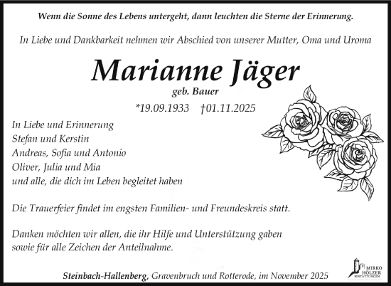 Traueranzeige von Marianne Jäger von Südthüringer Presse