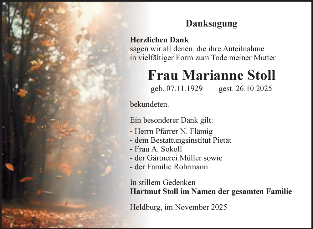  Traueranzeige für Marianne Stoll vom 29.11.2025 aus Südthüringer Presse