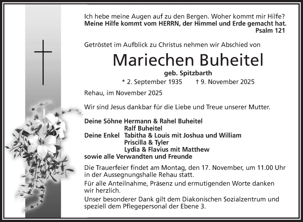  Traueranzeige für Mariechen Buheitel vom 15.11.2025 aus Frankenpost