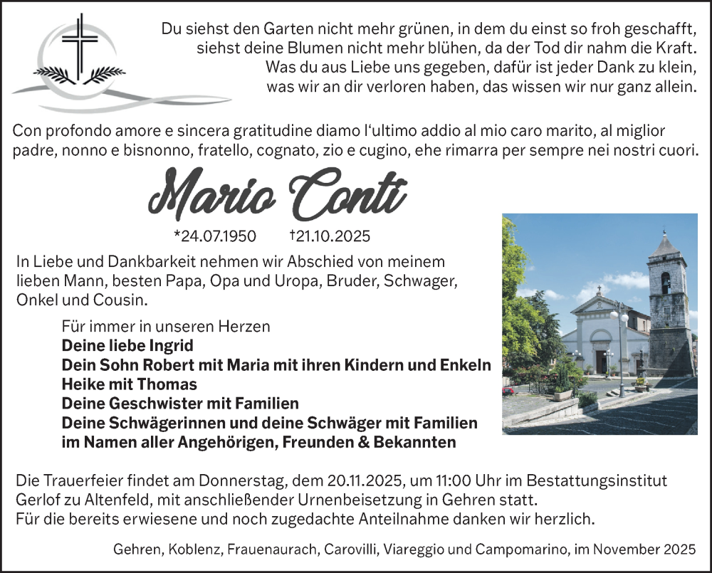  Traueranzeige für Mario Conti vom 15.11.2025 aus Südthüringer Presse