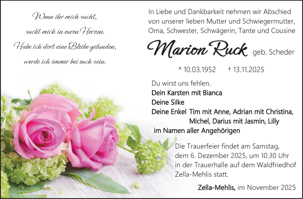  Traueranzeige für Marion Ruck vom 22.11.2025 aus Südthüringer Presse