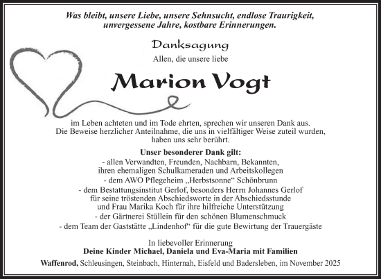 Traueranzeige von Marion Vogt von Südthüringer Presse