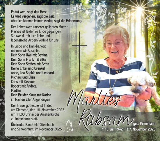 Traueranzeige von Marlies Rübsam von Südthüringer Presse