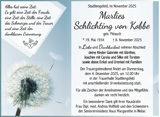 Traueranzeige von Marlies Schlichting von Kobbe von Südthüringer Presse