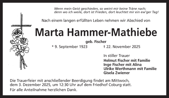Traueranzeige von Marta Hammer-Mathiebe von Neue Presse Coburg