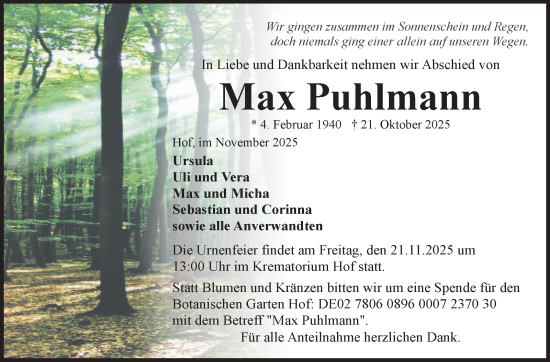 Traueranzeige von Max Puhlmann von Frankenpost