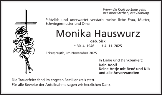 Traueranzeige von Monika Hauswurz von Frankenpost