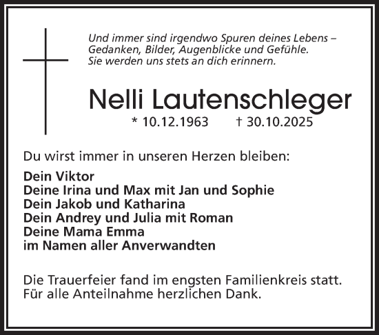 Traueranzeige von Nelli Lautenschleger von Frankenpost
