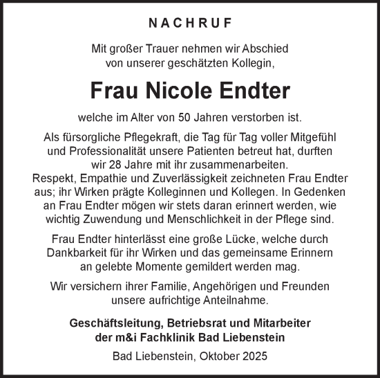 Traueranzeige von Nicole Endter von Südthüringer Presse