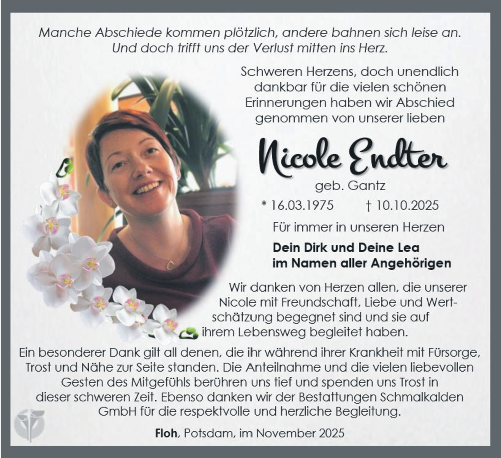  Traueranzeige für Nicole Endter vom 08.11.2025 aus Südthüringer Presse