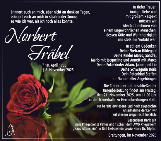 Traueranzeige von Norbert Fräbel von Südthüringer Presse