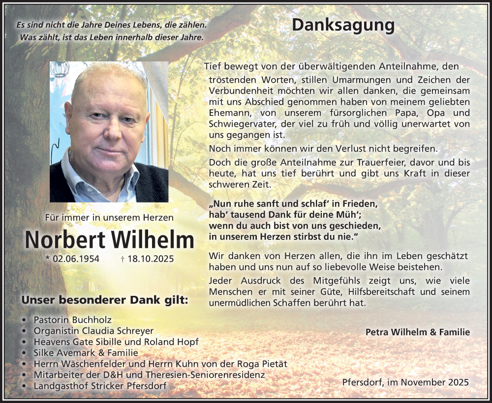  Traueranzeige für Norbert Wilhelm vom 29.11.2025 aus Südthüringer Presse
