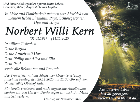 Traueranzeige von Norbert Willi Kern von Südthüringer Presse