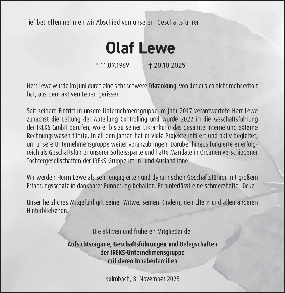  Traueranzeige für Olaf Lewe vom 08.11.2025 aus Südthüringer Presse