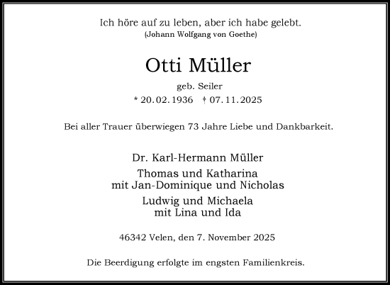Traueranzeige von Otti Müller von Frankenpost