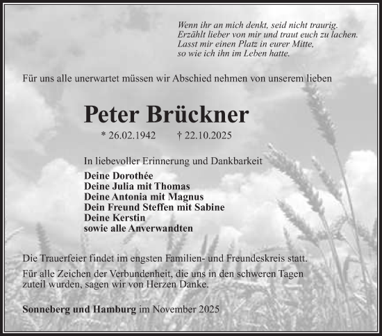 Traueranzeige von Peter Brückner von Südthüringer Presse