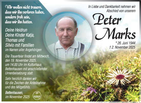 Traueranzeige von Peter Marks von Südthüringer Presse