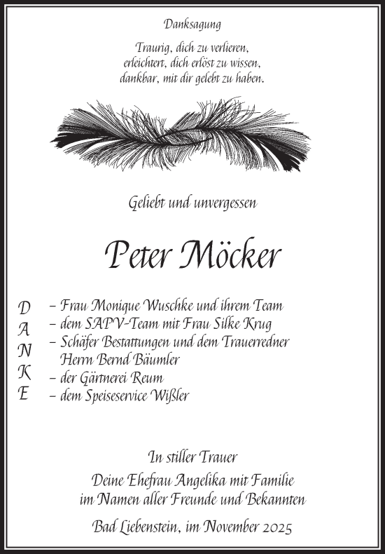 Traueranzeige von Peter Möcker von Südthüringer Presse