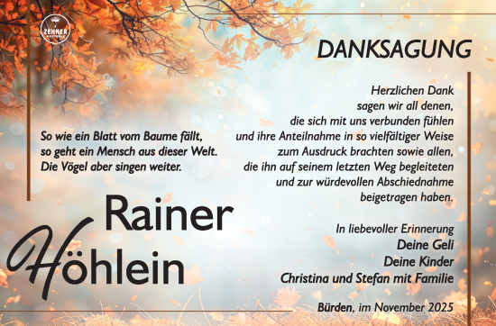 Traueranzeige von Rainer Höhlein von Südthüringer Presse