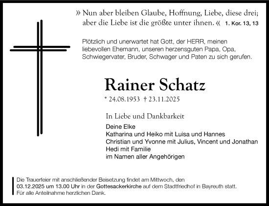 Traueranzeige von Rainer Schatz von Frankenpost