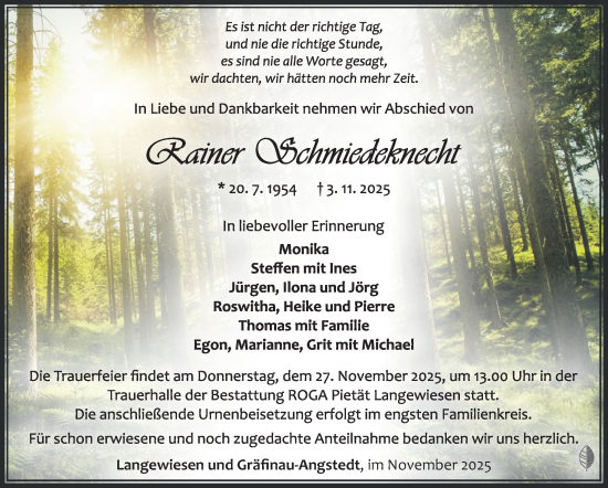 Traueranzeige von Rainer Schmiedeknecht von Südthüringer Presse