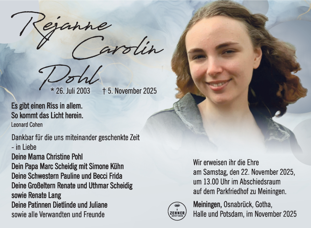  Traueranzeige für Rejanne Carolin Pohl vom 15.11.2025 aus Südthüringer Presse