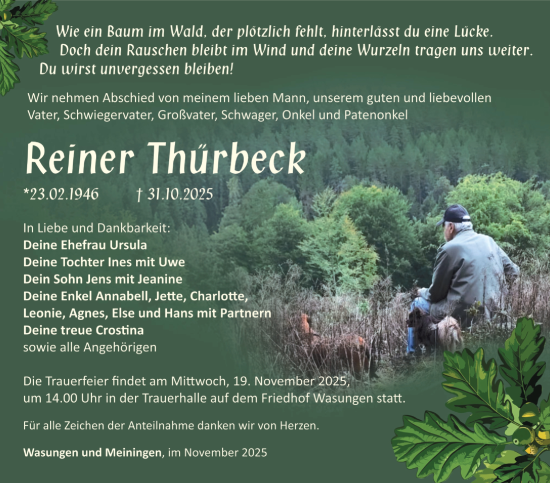 Traueranzeige von Reiner Thürbeck von Südthüringer Presse