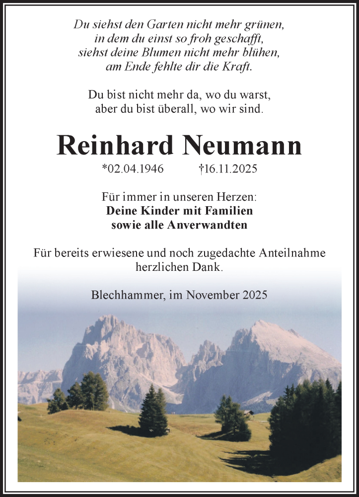  Traueranzeige für Reinhard Neumann vom 29.11.2025 aus Südthüringer Presse