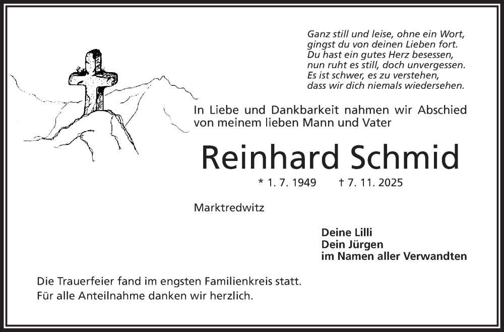  Traueranzeige für Reinhard Schmid vom 22.11.2025 aus Frankenpost