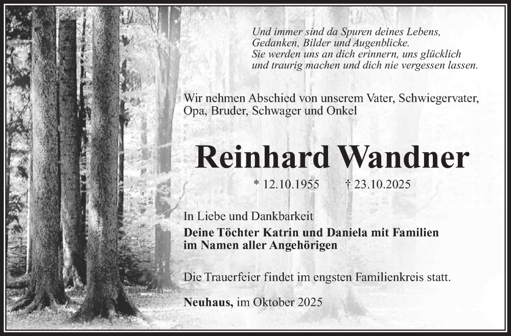  Traueranzeige für Reinhard Wandner vom 08.11.2025 aus Südthüringer Presse