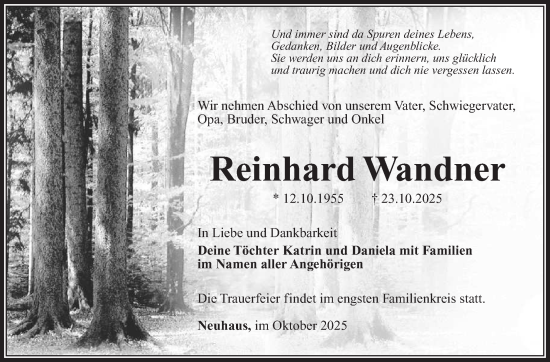Traueranzeige von Reinhard Wandner von Südthüringer Presse