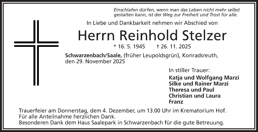  Traueranzeige für Reinhold Stelzer vom 29.11.2025 aus Frankenpost