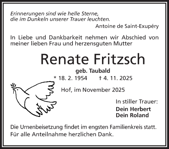Traueranzeige von Renate Fritzsch von Frankenpost