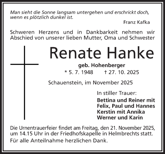 Traueranzeige von Renate Hanke von Frankenpost