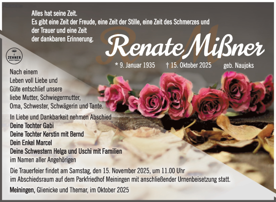 Traueranzeige von Renate Mißner von Südthüringer Presse