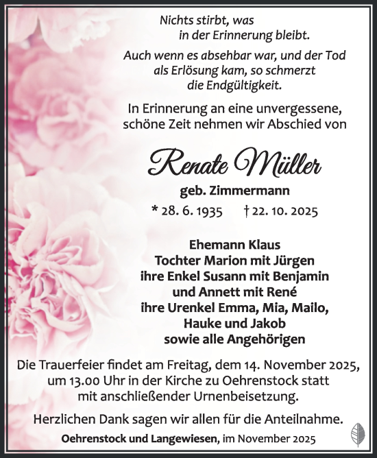 Traueranzeige von Renate Müller von Südthüringer Presse
