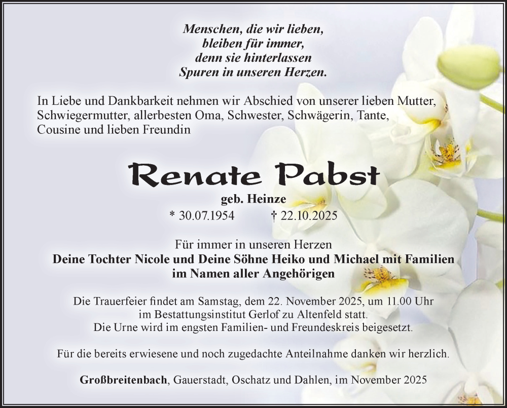  Traueranzeige für Renate Pabst vom 15.11.2025 aus Südthüringer Presse