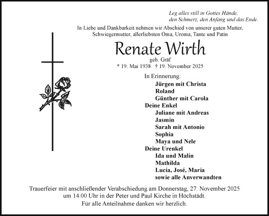 Traueranzeige von Renate Wirth von Frankenpost