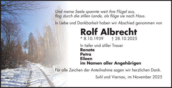 Traueranzeige von Rolf Albrecht von Südthüringer Presse