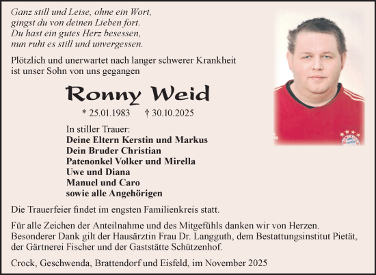 Traueranzeige von Ronny Weid von Südthüringer Presse