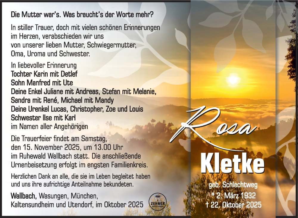  Traueranzeige für Rosa Kletke vom 08.11.2025 aus Südthüringer Presse