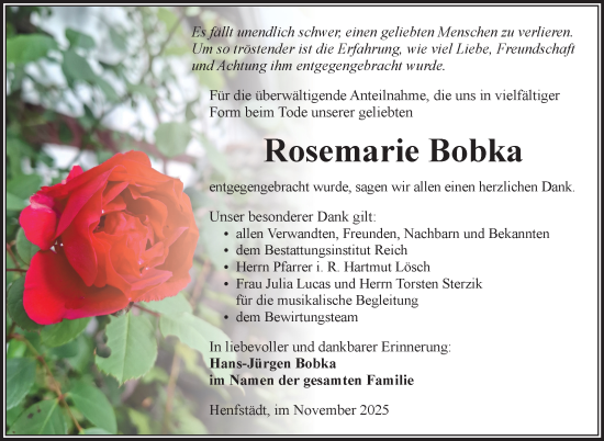 Traueranzeige von Rosemarie Bobka von Südthüringer Presse