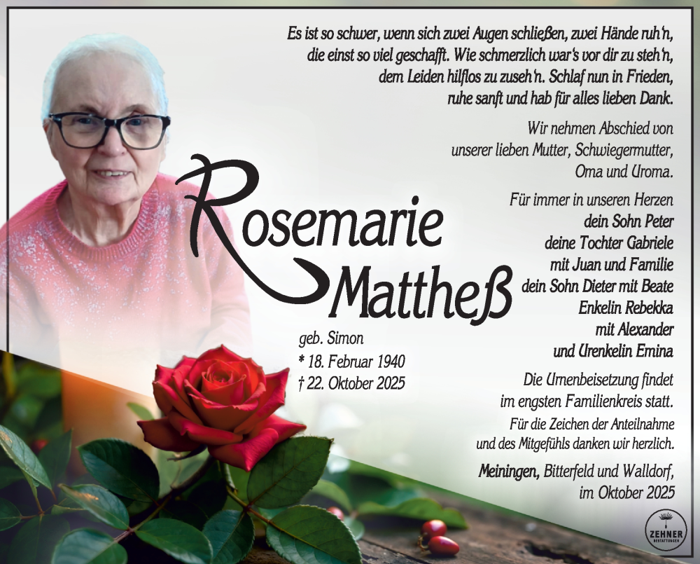  Traueranzeige für Rosemarie Mattheß vom 08.11.2025 aus Südthüringer Presse