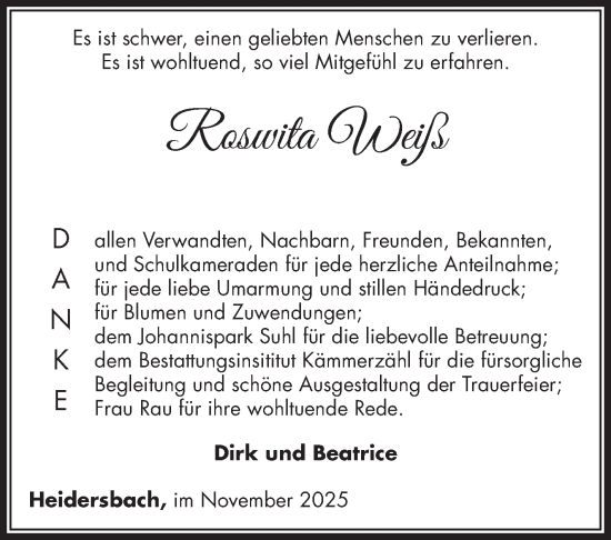 Traueranzeige von Roswita Weiß von Südthüringer Presse